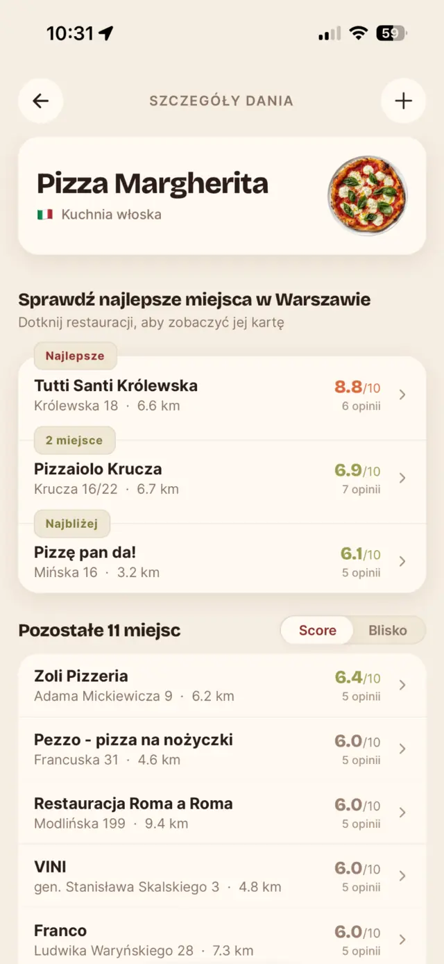 Ranking restauracji w aplikacji Chapaj z ocenami dań i odległościami